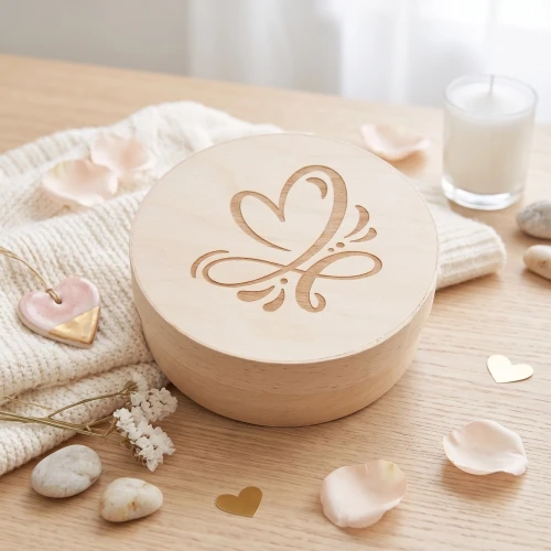 Round box with lid - wooden gift box with engraved heart