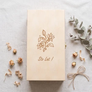 Double wine box with hinged lid - engraved box with birthday pattern