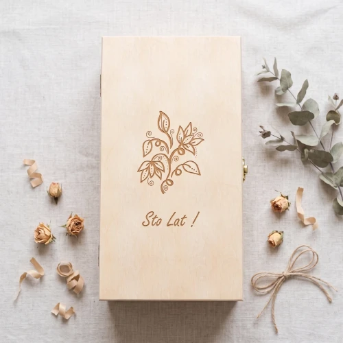 Double wine box with hinged lid - engraved box with birthday pattern