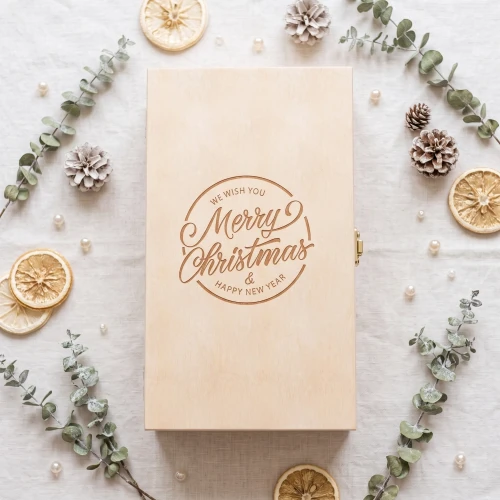 Double wine box with hinged lid - christmas engraved box Merry Christmas