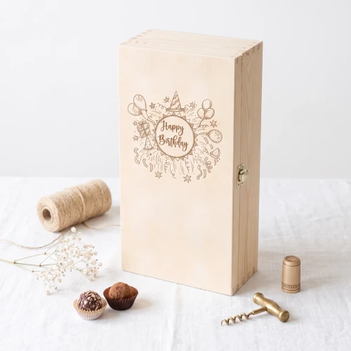 Double wine box with hinged lid - wooden box with decorative birthday pattern