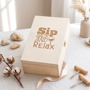 Double wine box with hinged lid - engraved box with funny pattern, gift for every ocassion