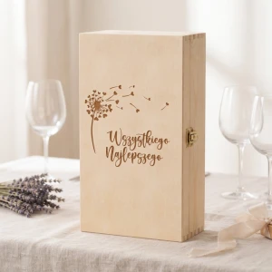 Double wine box with hinged lid - box for alcohol with floral pattern