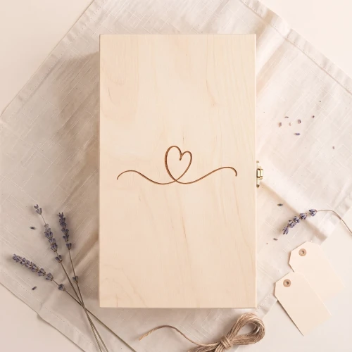 Double wine box with hinged lid - engraved box with heart for beloved person