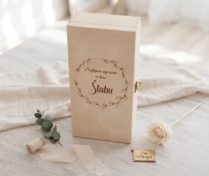Double wine box with hinged lid - wooden box with floral pattern, gift for wedding couple