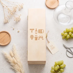Single wine box with hinged lid - wooden box with universal pattern for everyone