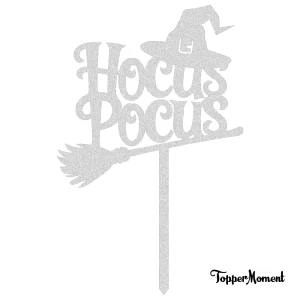Topper napis "Hocus Pocus" z kapeluszem i miotłą czarownicy