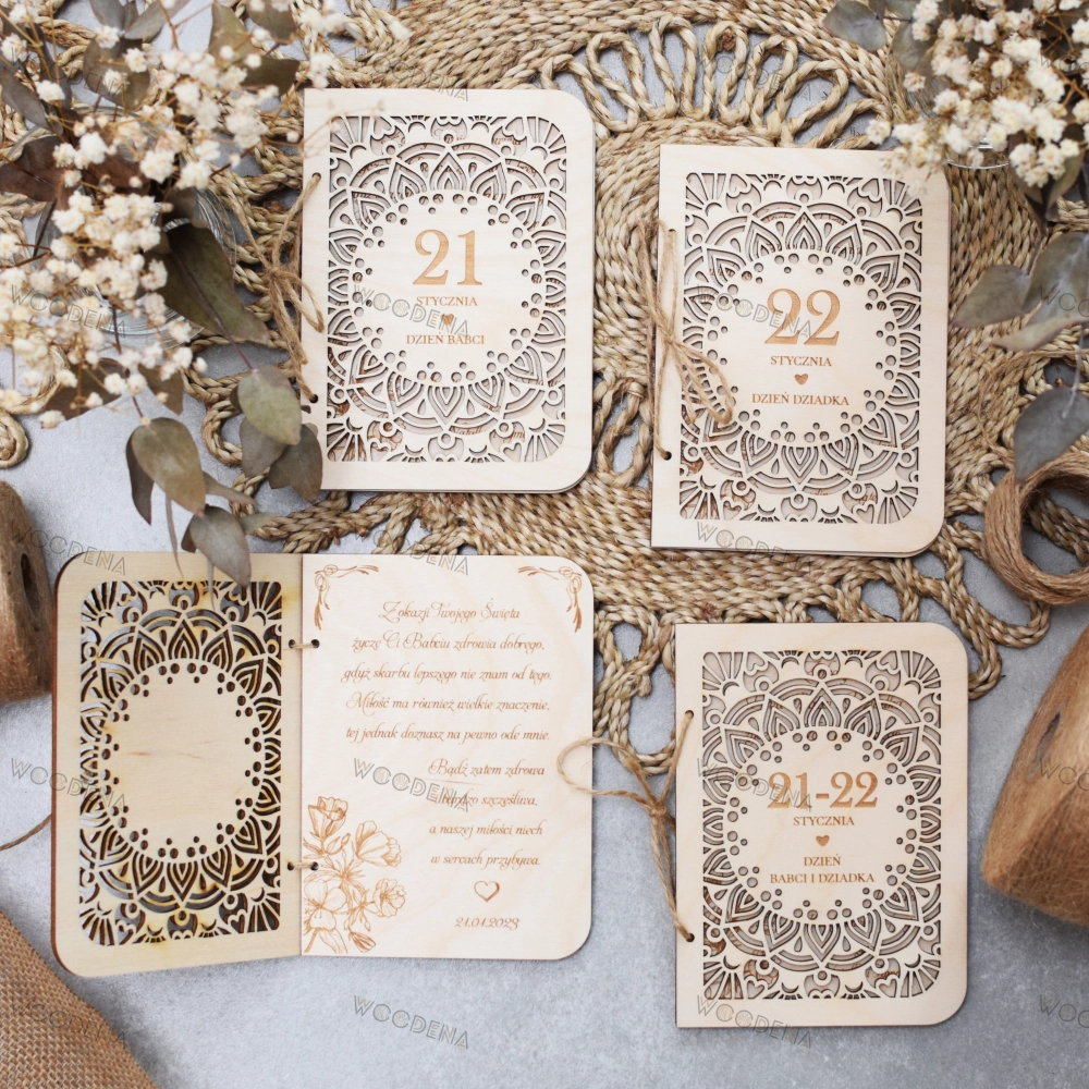 Drewniane kartki z życzeniami na Dzień Babci i Dziadka