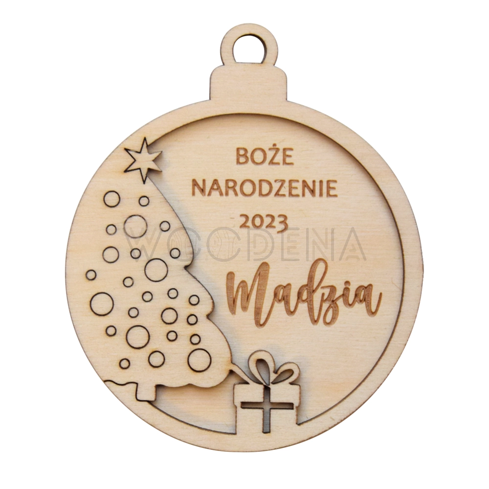 Drewniana bombka z motywem świątecznym